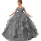 Zpvp Long Girls Pageant Dress Grey Flower Girl Dress Princess Ruffles Beaded Appliques Tulle Wedding Party Costumes Us8