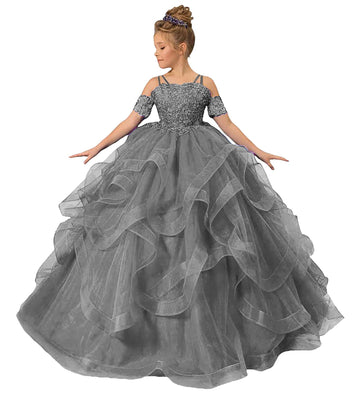Zpvp Long Girls Pageant Dress Grey Flower Girl Dress Princess Ruffles Beaded Appliques Tulle Wedding Party Costumes Us8
