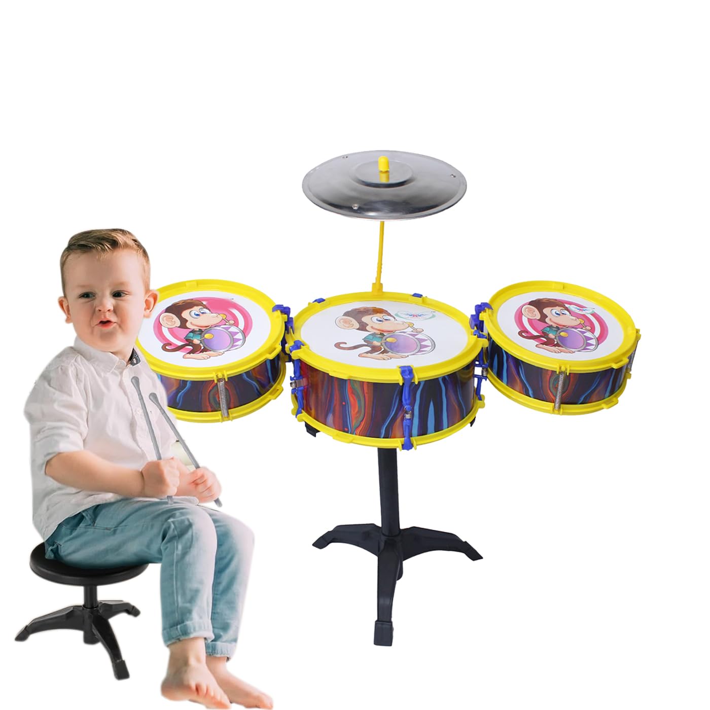 Kabello Musical Instruments Original Jazz Drum Set For Kids 15 Years Old Boys 3 Drum 1 Stand And 1 Stool And 2 Sticks (Multicol