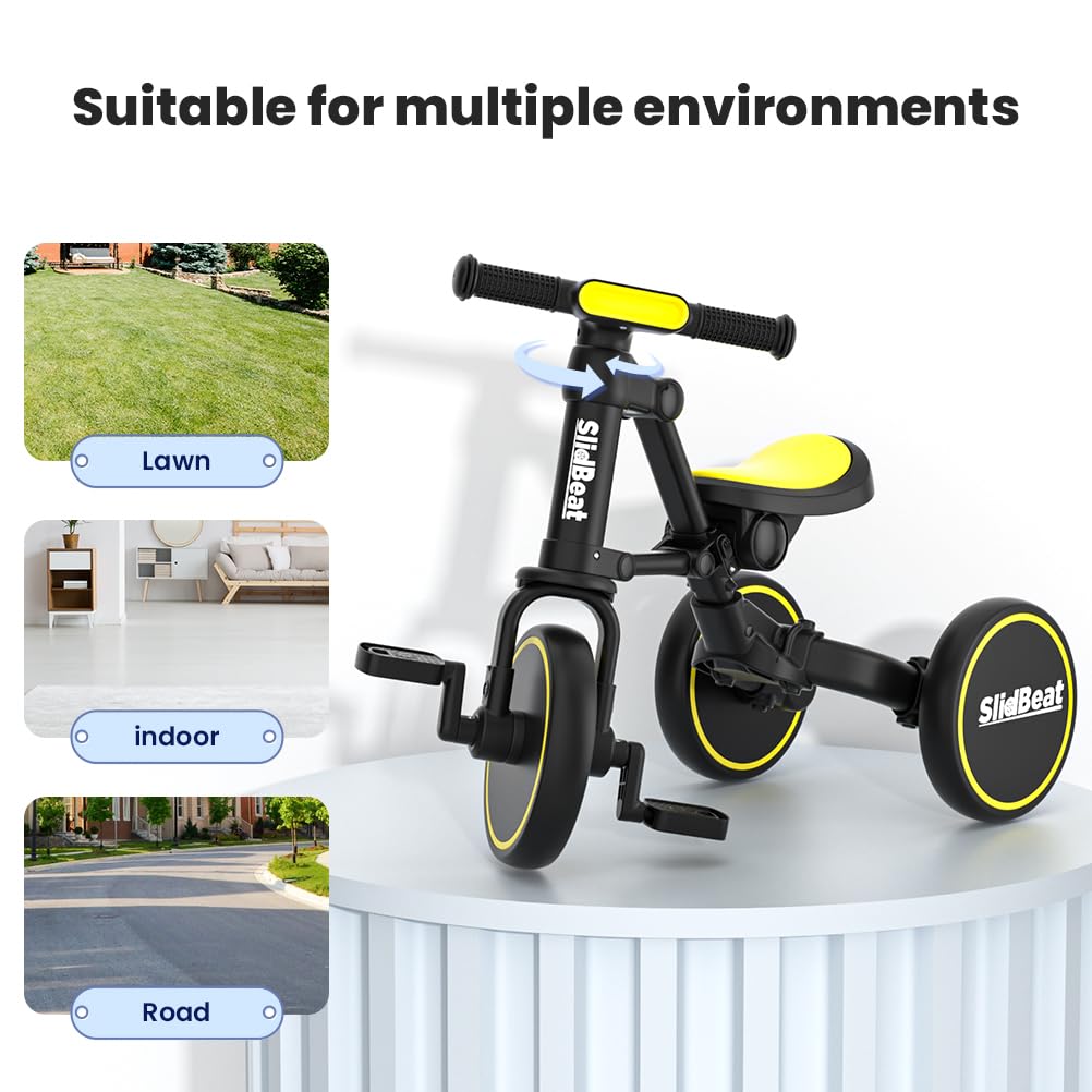 Slidbeat Kids Tricycle 3 In 1 For 2 To 4 Years Old, Toddler Bike With Removable Pedal And Adjustable Seat, Balance Trikes For Bo