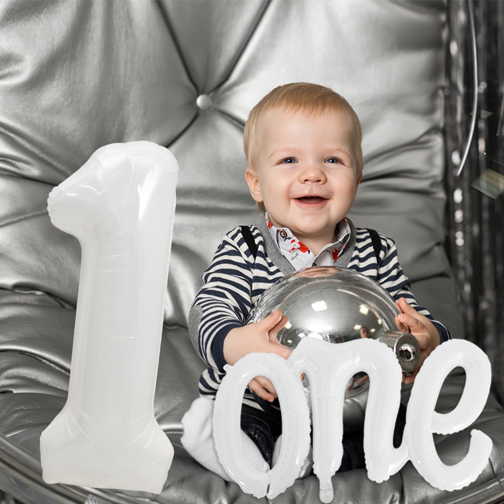 Toniful 40 Inch Giant White Number 1 Balloon,Mylar Foil Script Cursive Letter 1 Balloon Banner For Boys Girls Kids First Birthda