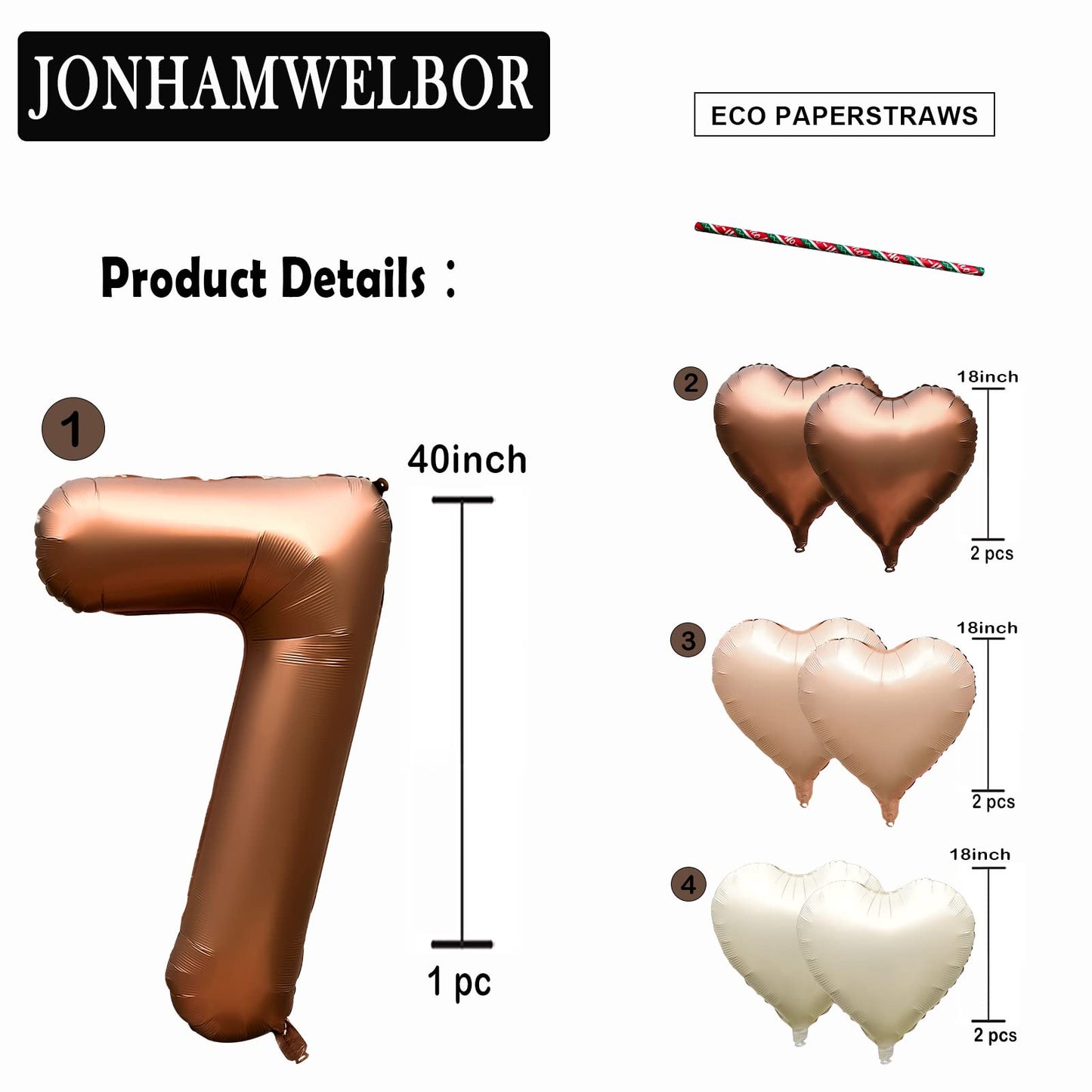 Jonhamwelbor 40 Inch Brown Number 7 Balloon Large Big Foil Helium Mylar Number Balloon With Heart Balloons For Girl Boy Seven Ye