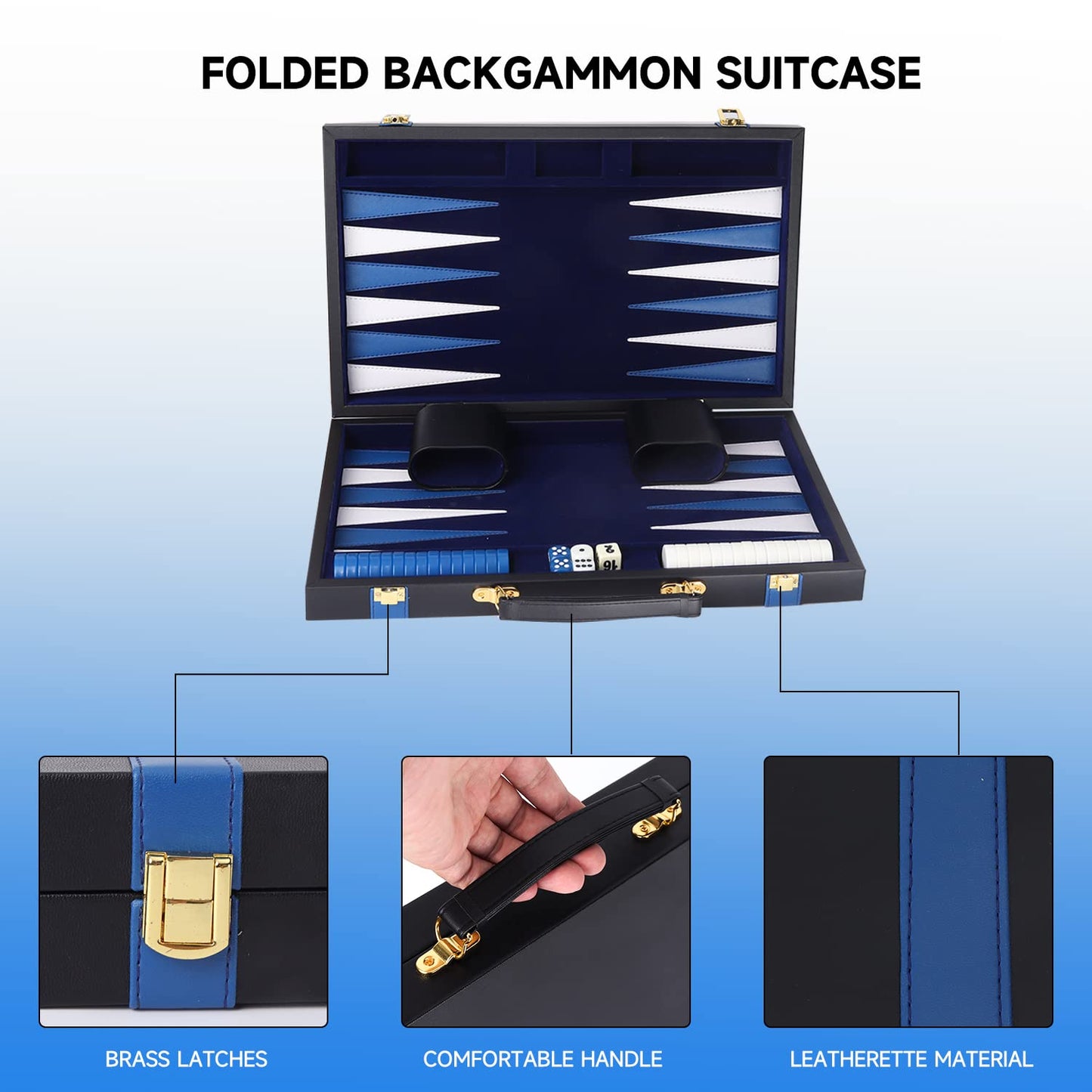 GSE Games & Sports Expert enhanced Leather Backgn Board Game Set  Classic Backgn Game Set with Leather Case  Travel Folding Board Game (Black&Blue  Medium)