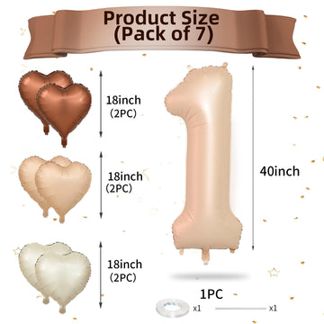 Biapian 40 Inch Light Brown Number 1 Balloon, Caramel Large Number One Balloon Digital With Cream Foil Heart Balloon For 1St Bir