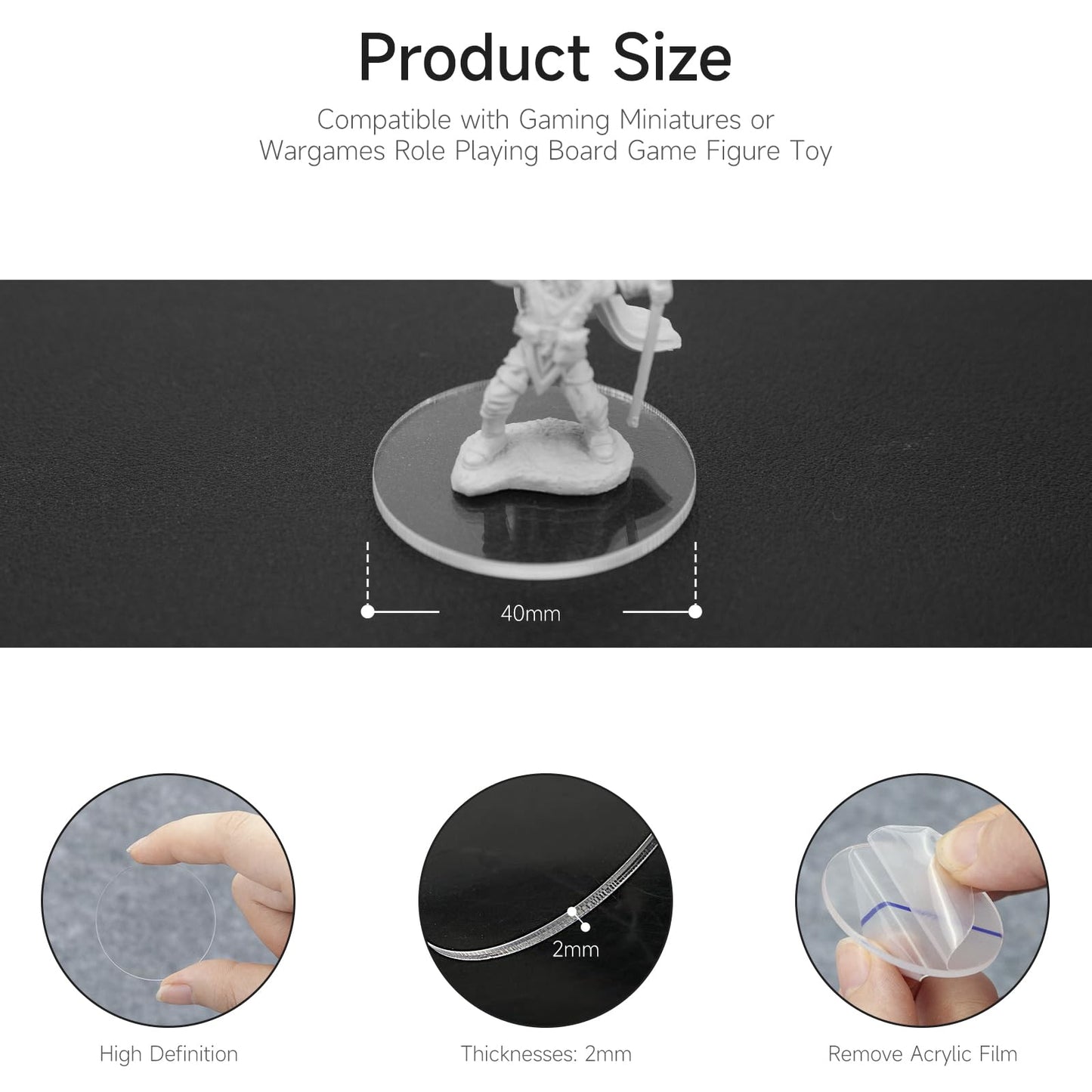 DisplayMore 100Pcs Round Plastic Model Bases 40mm/1.57 inch Wide 2mm Thick for Gaming Miniatures or Wargames Role Playing Board