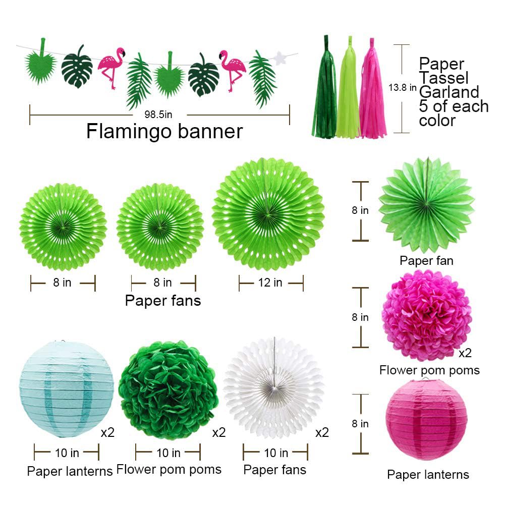 Adlkgg Tropical Flamingo Palm Leaf Banner Party Decorations, Hanging Paper Fans Paper Lanterns Pom Poms Flowers Tissue Tassels F