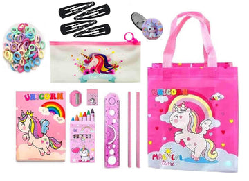 12pcs unicorn theme stationeries for girls unicorn pencil pouch diary, pencil, paper soap, hair clips, rubber band, scale eraser