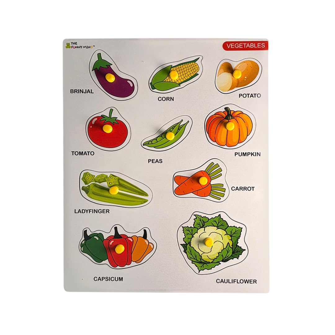 The Funny Mind Vegetables Wooden Knob Puzzle Board, Educational Toy For Toddlers, 10 Pieces