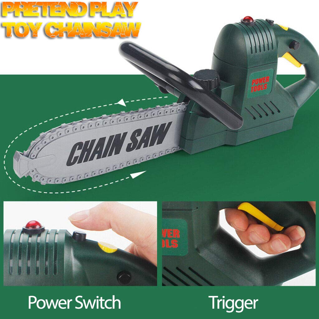 Kids Electric Chainsaw Toy Tool Pretend Play Set With Safety Goggles, Work Gloves | Rotating Chain And Realistic Sound Effects