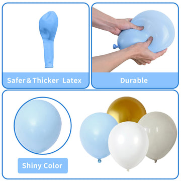 125 Pcs Blue And White Balloon Arch Kit, Light Baby Blue Balloon Garland Kit With Metallic Gold Balloons Nude White Latex Matte