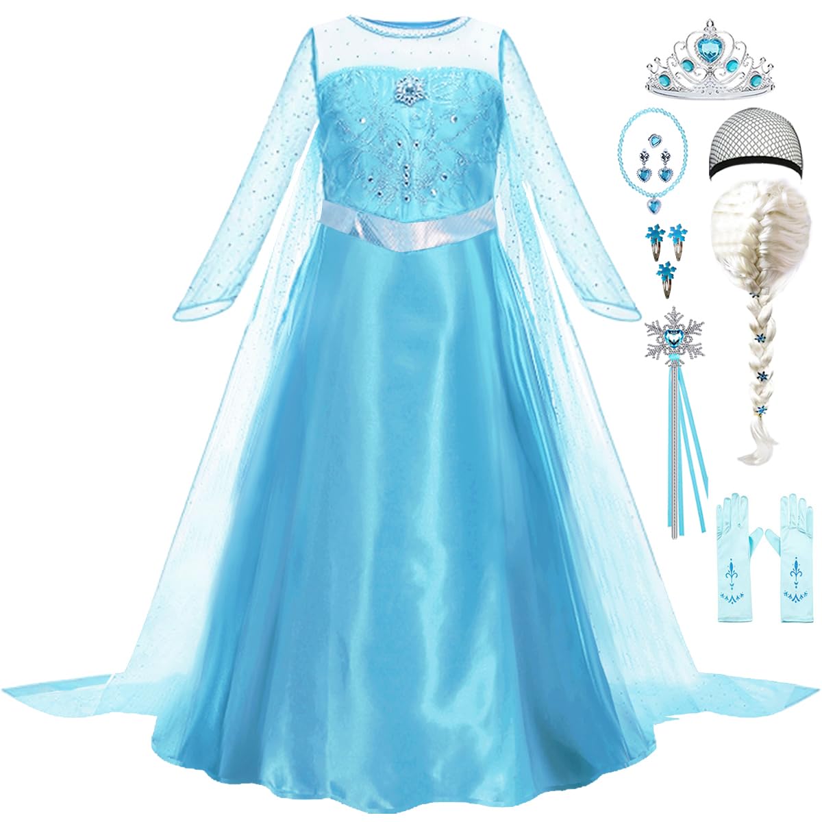 Luzlen Snow Princess Costume For Toddler Girls Kids Blue Princess Dress Up With Wig Halloween Birthday Cosplay Outfits, 6-7Y(Tag 140)