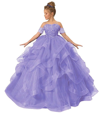 Zpvp Princess Flower Girl Dress For Wedding Long Tulle Girls Pageant Dress Puffy Ruffles Beaded Appliques Party Costumes Lavende