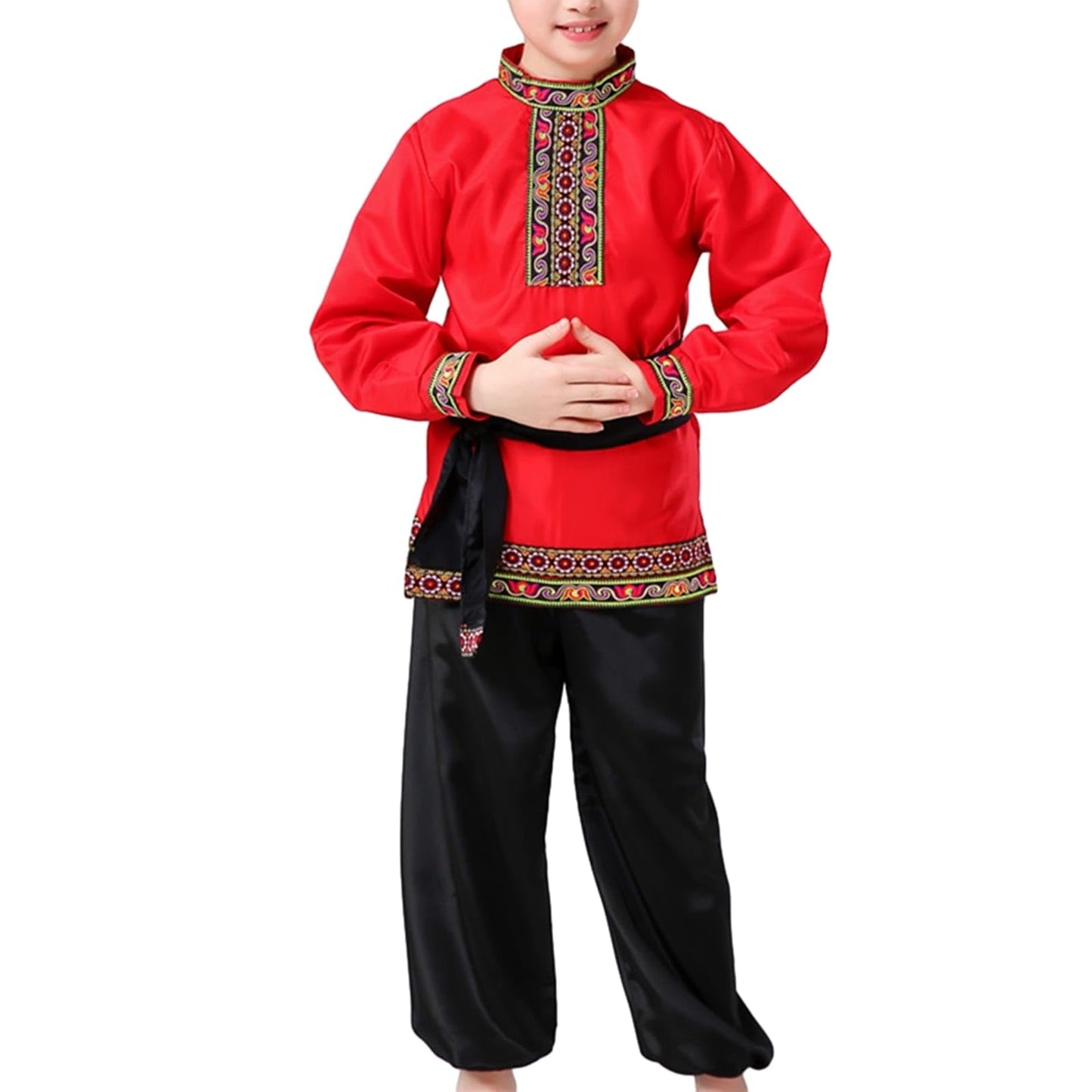Boys 2 Piece Russian Dance Outfits Performance Costume Traditional Dancewear With Belt, Red, 130Cm