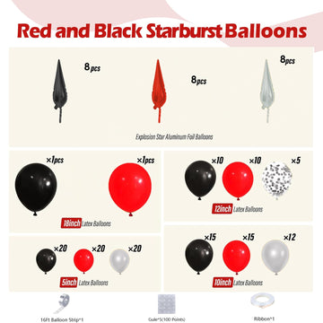 Bonropin 161Pcs Red And Black Balloon Arch Kit With Explosion Star Balloons, 5/10/12/18In Red Black And Metallic Silver Balloons