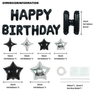 Toniful 35Pcs Black Happy Birthday Decorations Kit 16 Inch Happy Birthday Balloon Banner With Star Balloons Mylar Foil Birthday