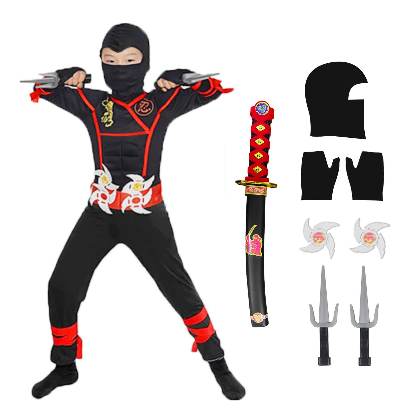 Skyllc Ninja Costume Kids, Boys Ninja Cosplay Set With Accessories - For Role Play Halloween Christmas Party Carnival,Size L