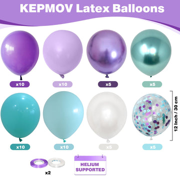 Mermaid Balloons, 60Pcs 12 Inch Purple Teal And White Balloon Set With Metallic Purple Green Balloons Teal Purple Confetti Balloons, Purple Teal Pearl White Balloons For Birthday Wedding Mermaid Party