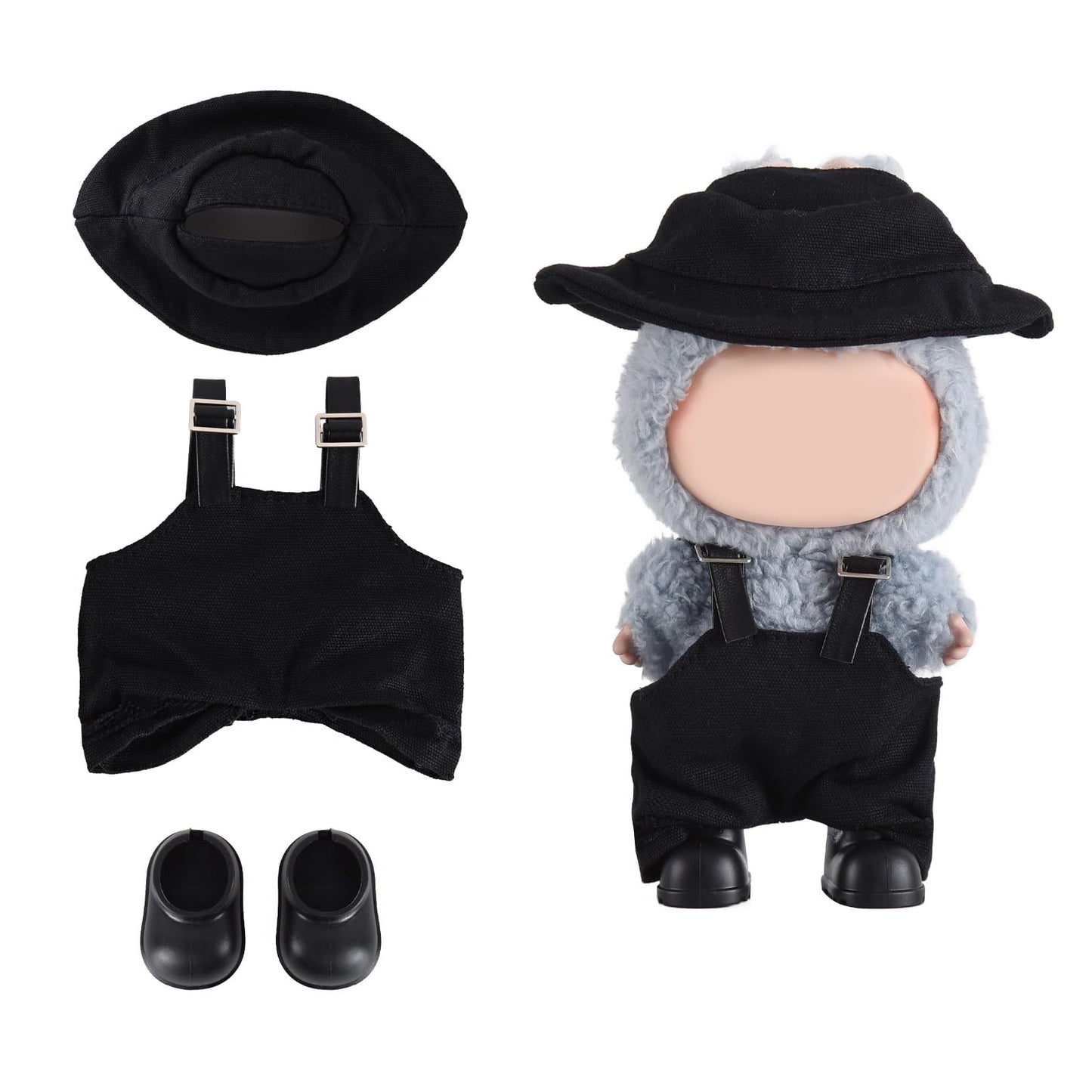 GDLSYLGHY Doll Clothes Set for Labubu  Elegant Outfits Suits Optimal for Your 5.9-6.7in Dolls Dressing Up  Doll Clothing Accessories with Random Color Rain Boots(Black Overalls Suit with Hat)