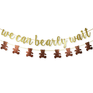 We Can Bearly Wait Glitter Banner, Baby Shower Decorations, Gender Reveal Party Supplies for Teddy Bear Theme Garland (Gold and 