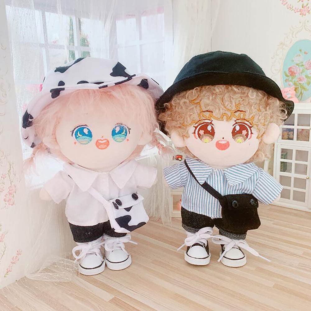 Niannyyhouse Cow Clothes Suit 20Cm(7.8In) Plush Doll Clothes Fisherman'S Hat Denim Shorts White Shirt Doll Dressup(White)