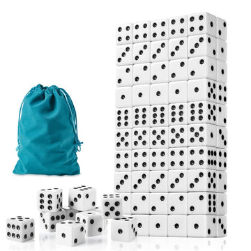 100 Pieces White Dice Set, 16MM Standard Game Dices, Opaque Six-Sided Dice with Pouch, Black Dot Bulk White Dice for Group Event
