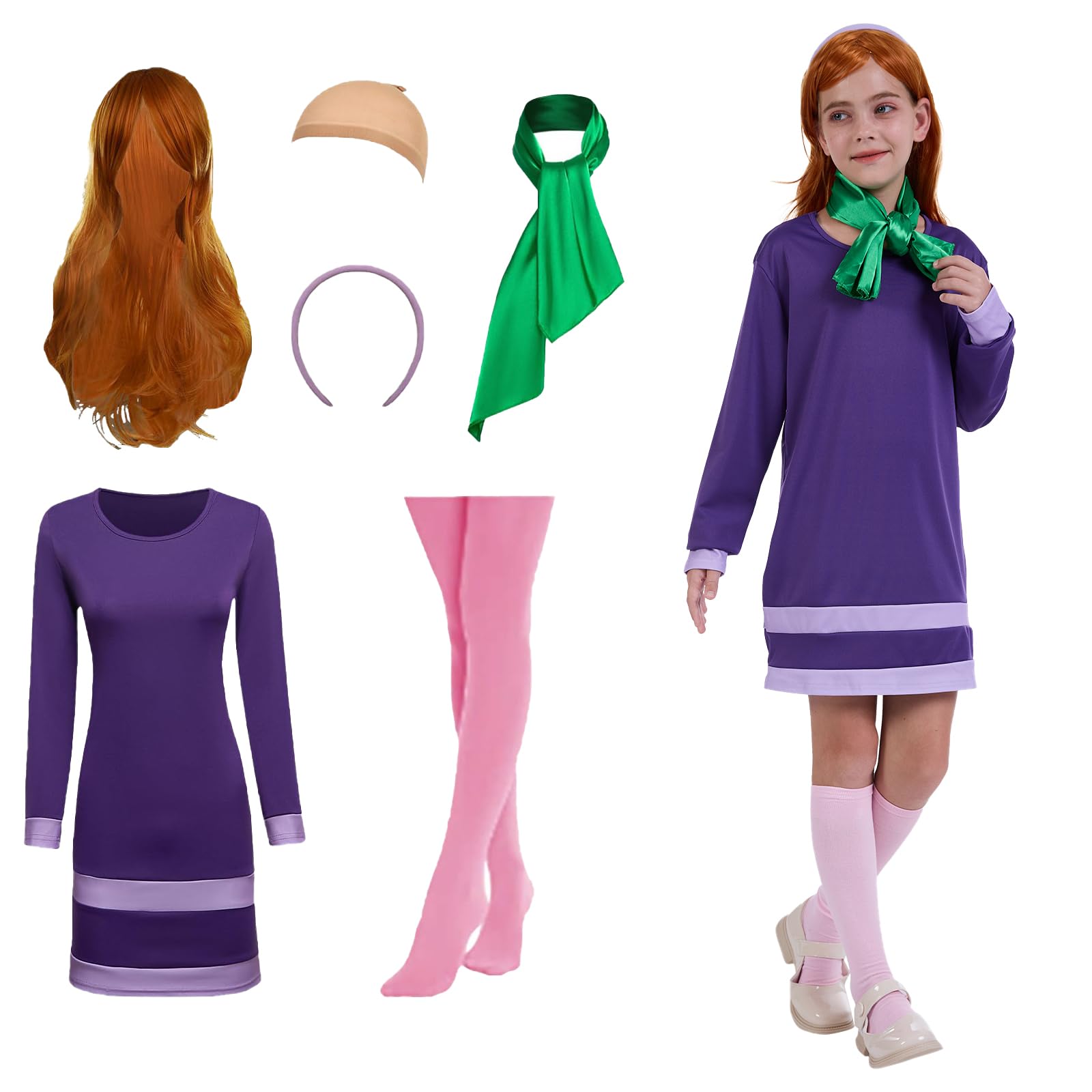 KDAFJLKD Girls Halloween Costume Long Sleeve Purple Dress Cosplay with Accessories Wig Scarf Headband Stockings (120 (5-6 Years))