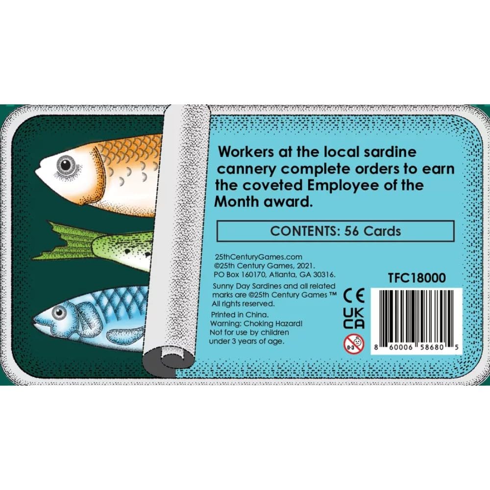 25th Century Games Sunny Day Sardines Card Game - Bite-Sized Travel Game for 2-4 Players, Small, Blue and White Mint Tin
