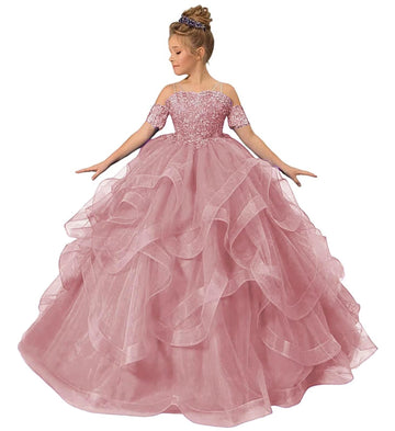 Zpvp Princess Flower Girl Dress For Wedding Long Tulle Girls Pageant Dress Puffy Ruffles Beaded Appliques Party Costumes Dusty R