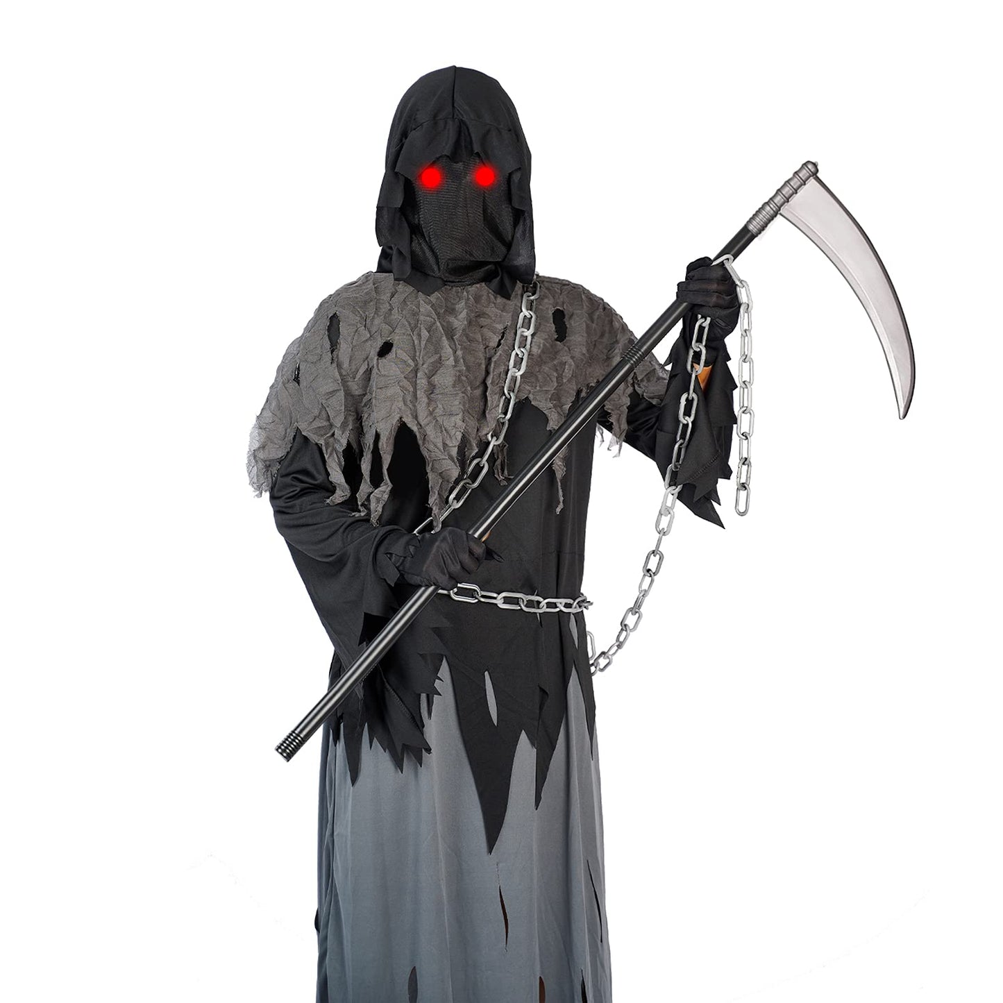Grim Reaper Halloween Costume With Glowing Red Eyes For Kids, Scythe Included (Gray, X-Large)