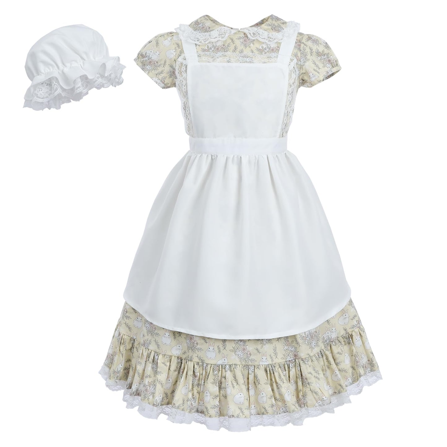 LTAKK Pioneer Dress Girls Colonial Costume Prairie Pilgrim Girl Dresses with Pinafore and Bonnet, Bunny Floral, Large, age over 
