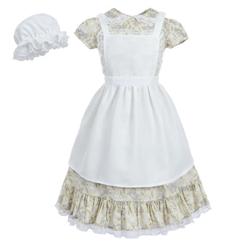 LTAKK Pioneer Dress Girls Colonial Costume Prairie Pilgrim Girl Dresses with Pinafore and Bonnet, Bunny Floral, Large, age over 