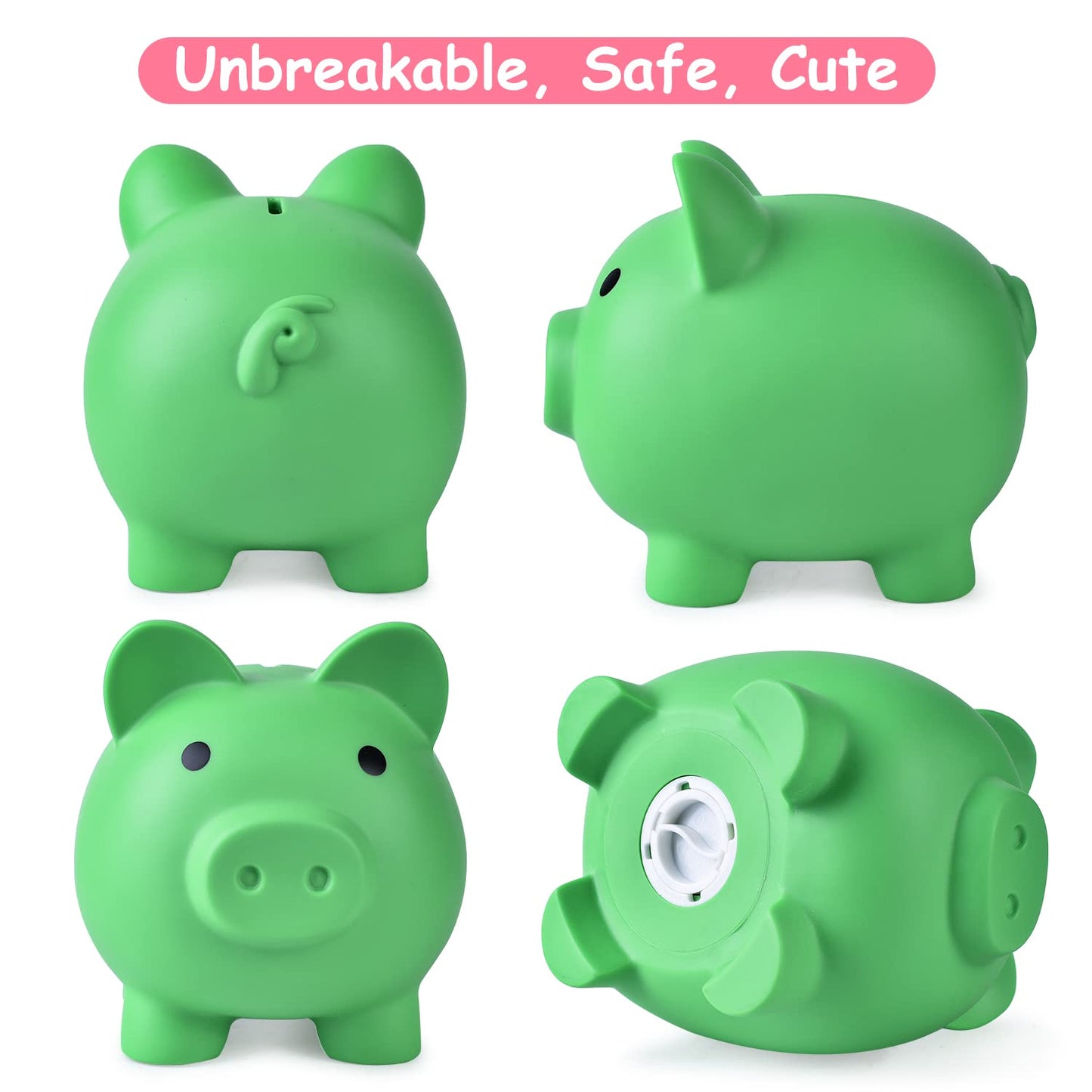 PJDRLLC Large Piggy Bank - Unbreakable Plastic Coin Bank for Kids, Green, Model FD-61
