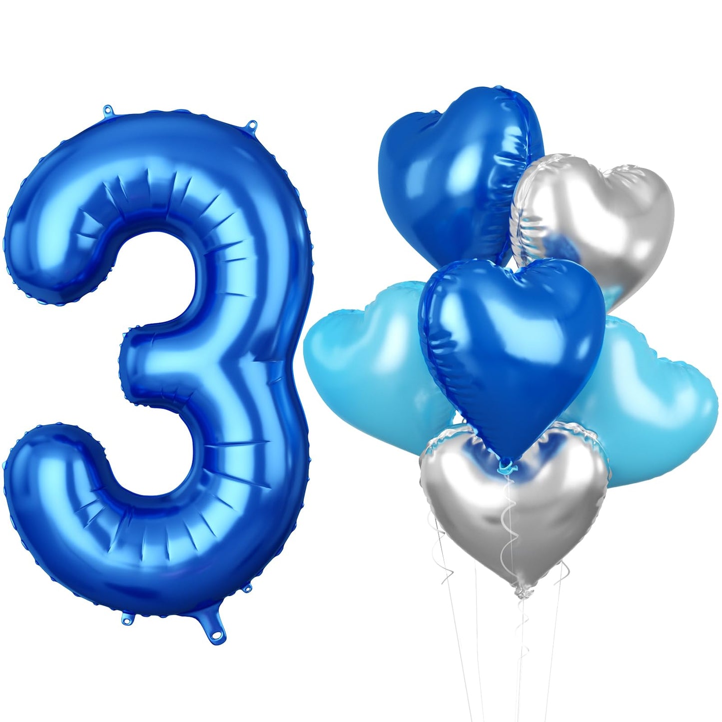 Biapian 40 Inch Blue Number 3 Balloons, Large Number 3 Balloon With 18'' Dark Blue And Silver Foil Heart Shape Balloons Helium F