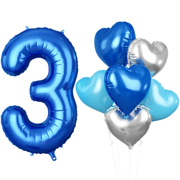 Biapian 40 Inch Blue Number 3 Balloons, Large Number 3 Balloon With 18'' Dark Blue And Silver Foil Heart Shape Balloons Helium F