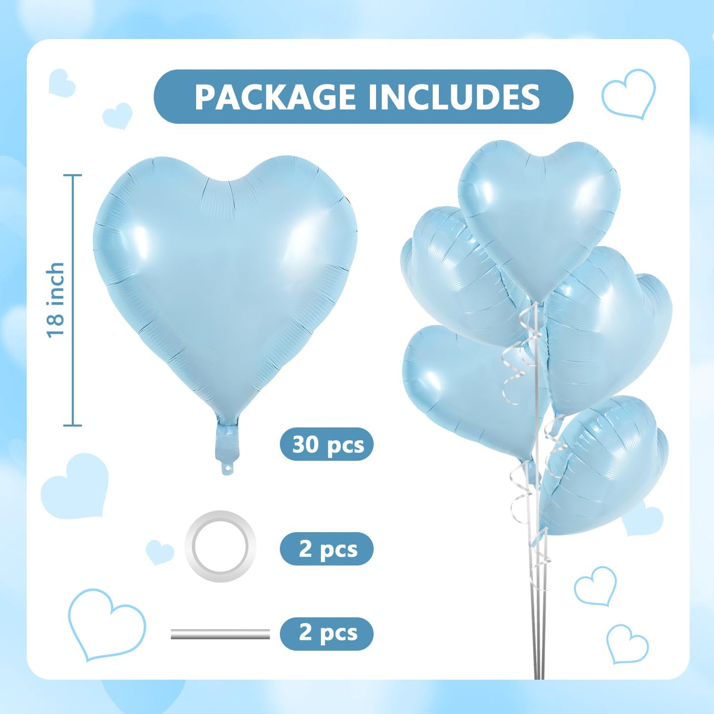 TONIFUL 30Pcs 18 Inch Baby Blue Heart Balloons Pastel Blue Heart Shape Foil Mylar Balloons Decoration for Birthday Valentines D