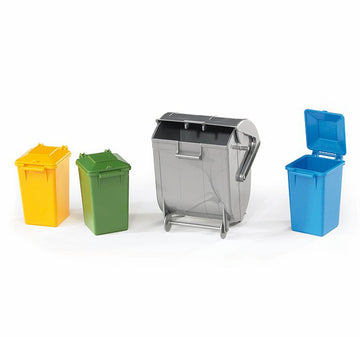 Bruder Trash Bin Set - 3 Small & 1 Big, Durable Acrylonitrile Butadiene Styrene, Multi-Color: Blue, Green, Silver, Yellow, Model 02607