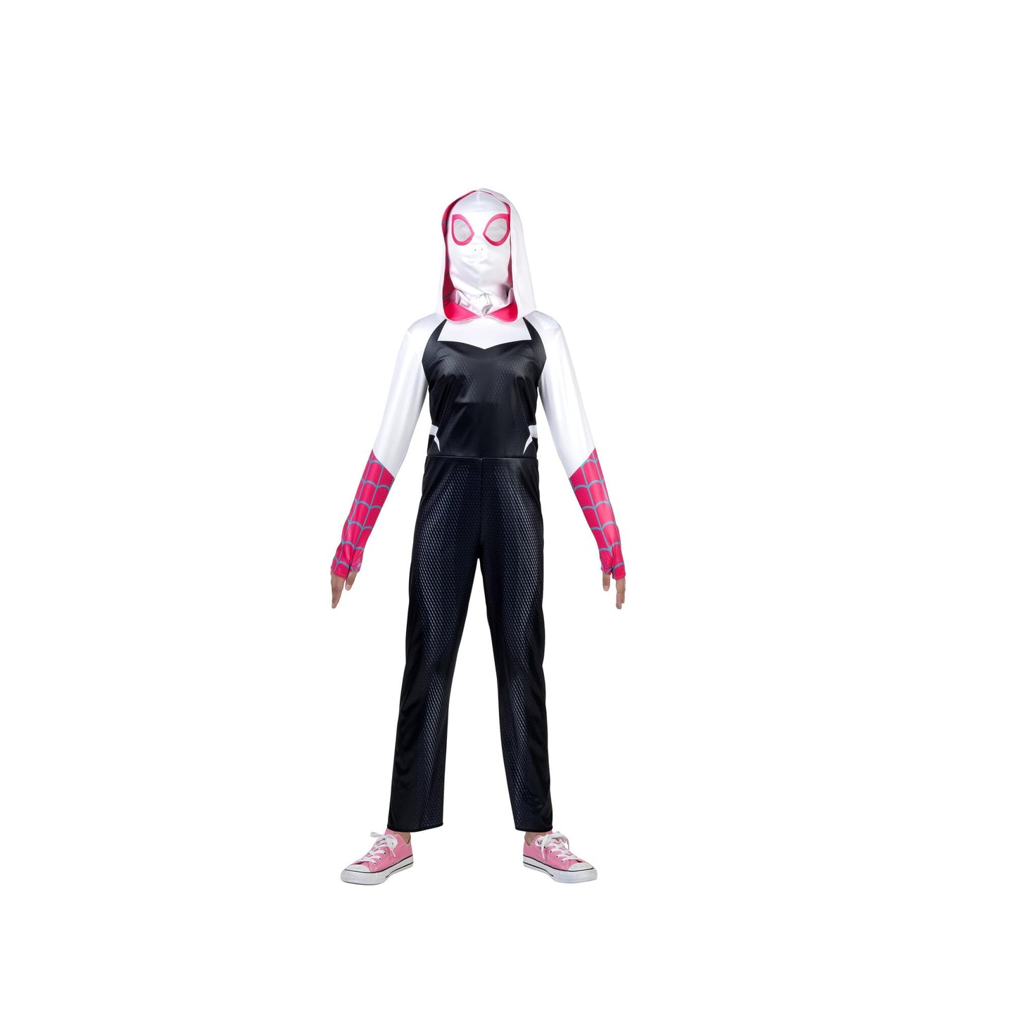 Marvel Spider-Gwen Official Youth Halloween Costume - Premium Quality Hooded Jumpsuit With Pull On Fabric Mask (Small)