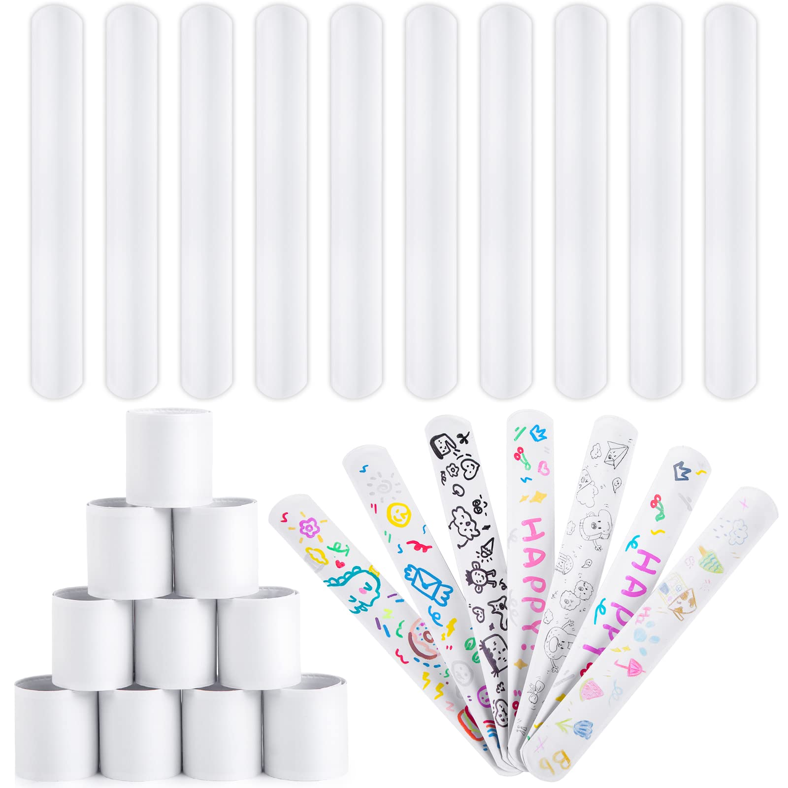 AMOR PRESENT Slap Bracelets Bulk, 64PCS White Slap Bracelets DIY Wrist Band Blank Snap Band for Kids Birthday Party Favors Schoo