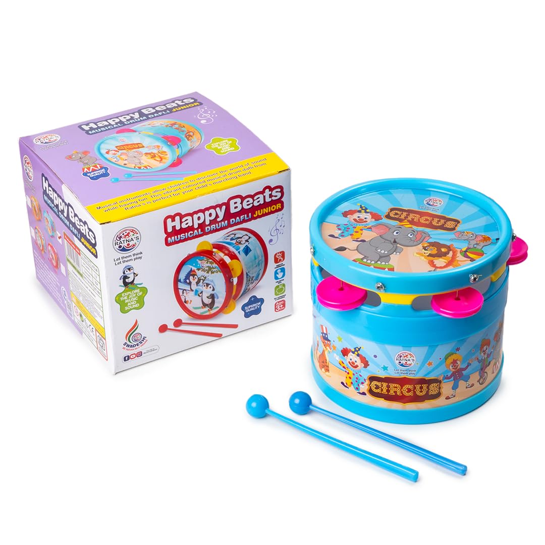 RatnaS Happy Beats Junior Circus Printed Musical Drum Dafli Bongo Toy Musical Instrument With 2 Sticks For Kids