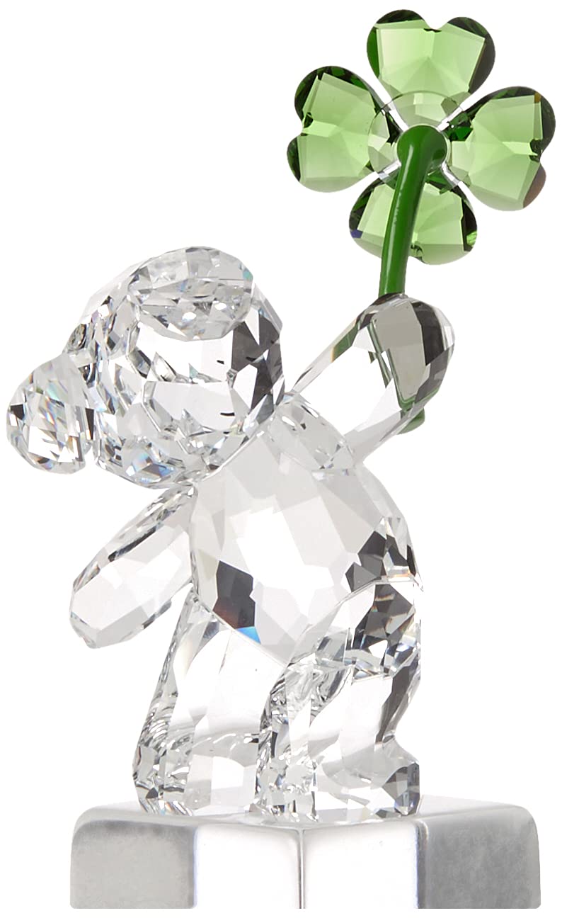 Swarovski Kris Bears Lucky Charm Figurine, Clear Swarovski Crystal With A Green Four-Leafed Clover Accent, Part Of The Swarovski Kris Bears Collection