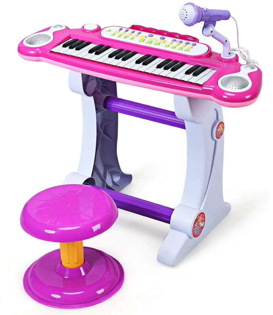 Costzon 37-Key Kids Piano Keyboard Toy  Toddler Electronic Musical Instrument Educational Toy w/Microphone  Multiple Sounds  Record Playback  Lights & Stool  Birthday Gift for Girls Boys Age 3+  Pink