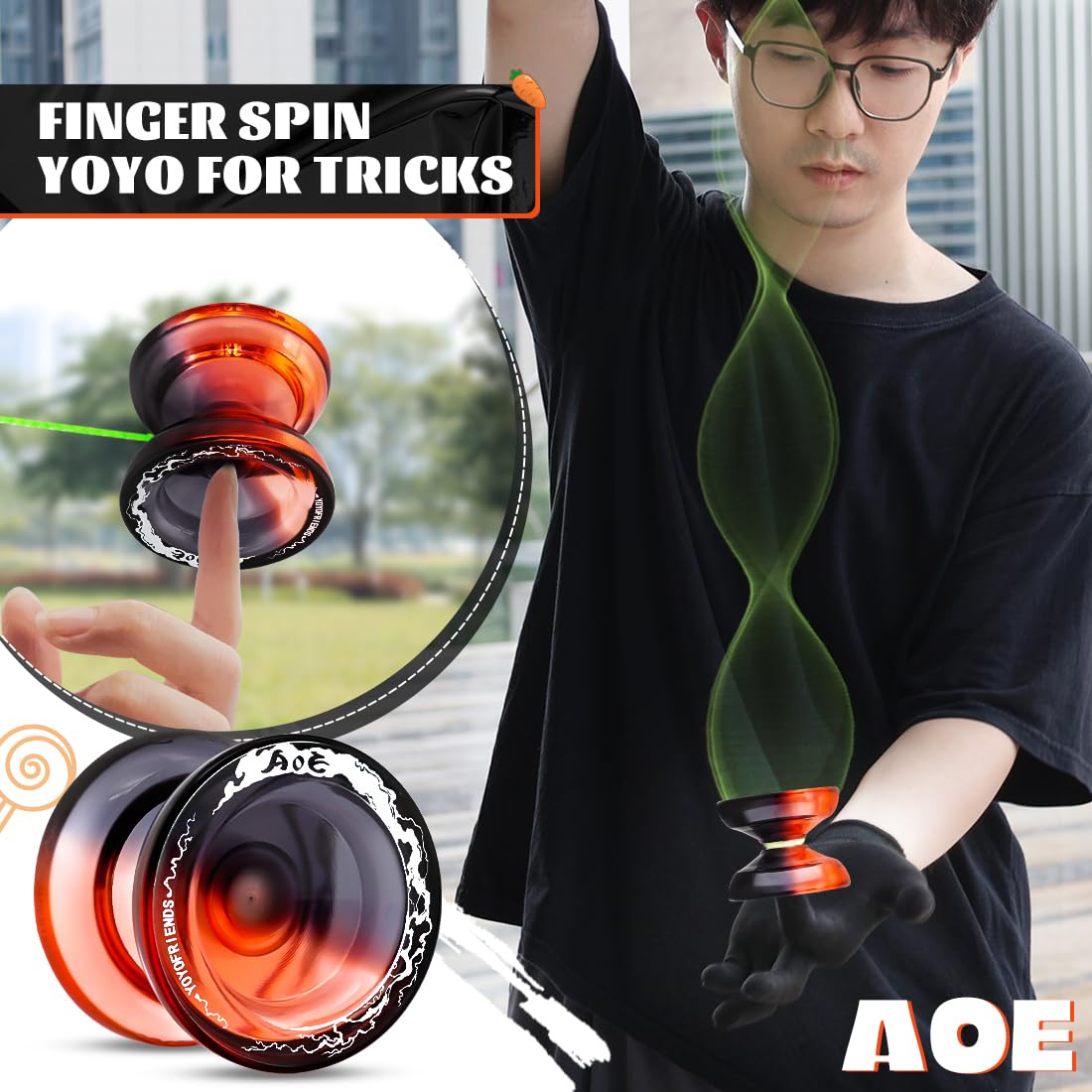 7YO Responsive Yoyo for Kids Beginners  Dual Purpose Yoyo AOE Unresponsive Yoyo for Finger Spin Tricks Intermediate Play + 10 Yoyo Strings + Bearing Tool + Yoyo Case (Black Orange)