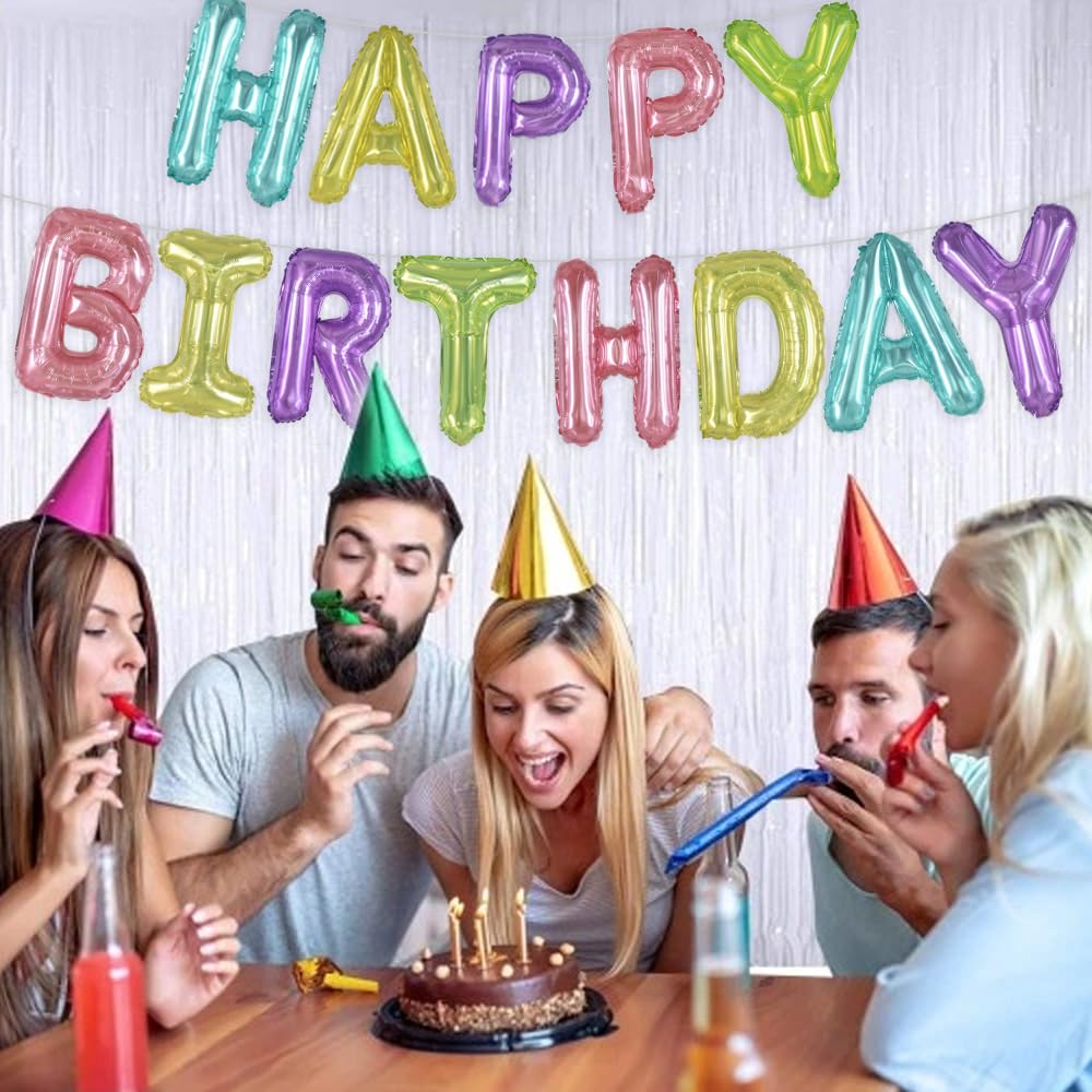 TONIFUL Happy Birthday Balloons with Ribbon Straw, 16 Inch Mylar Letters Birthday Sign Banner Bunting Reusable for Girls Boys Ki