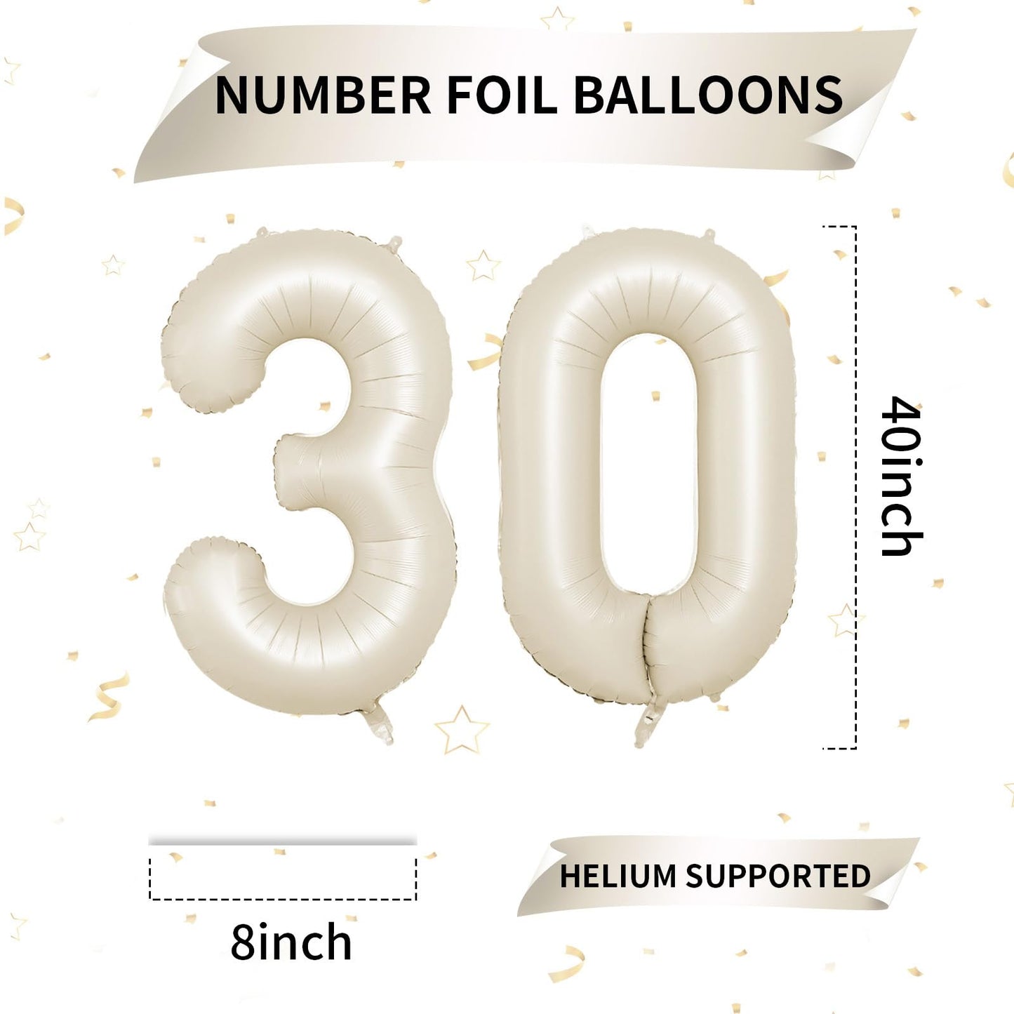 Biapian 40 Inch Cream Number 30 Balloon, 30Th Birthday Balloons, Big Digital 30 Beige White Giant 30 Foil Balloon Helium For Men