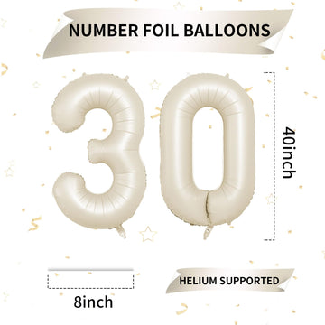 Biapian 40 Inch Cream Number 30 Balloon, 30Th Birthday Balloons, Big Digital 30 Beige White Giant 30 Foil Balloon Helium For Men