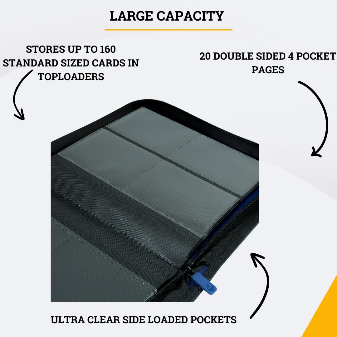 Card Guardian - Toploader 4 Pocket enhanced Binder with Zipper for 160 Cards - Side Loaded Pockets - Compatible with Sports and Trading Cards TCG (Blue)
