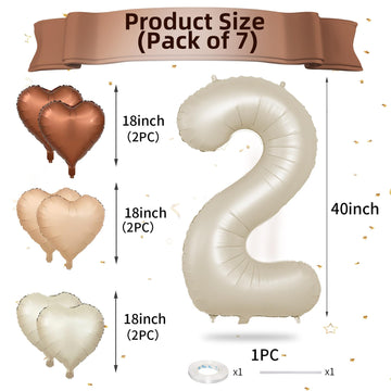 Biapian 40 Inch Cream Number 2 Balloons, Cream White Large 2Nd Birthday Balloons With 18'' Foil Cream Heart Balloon Helium For 2