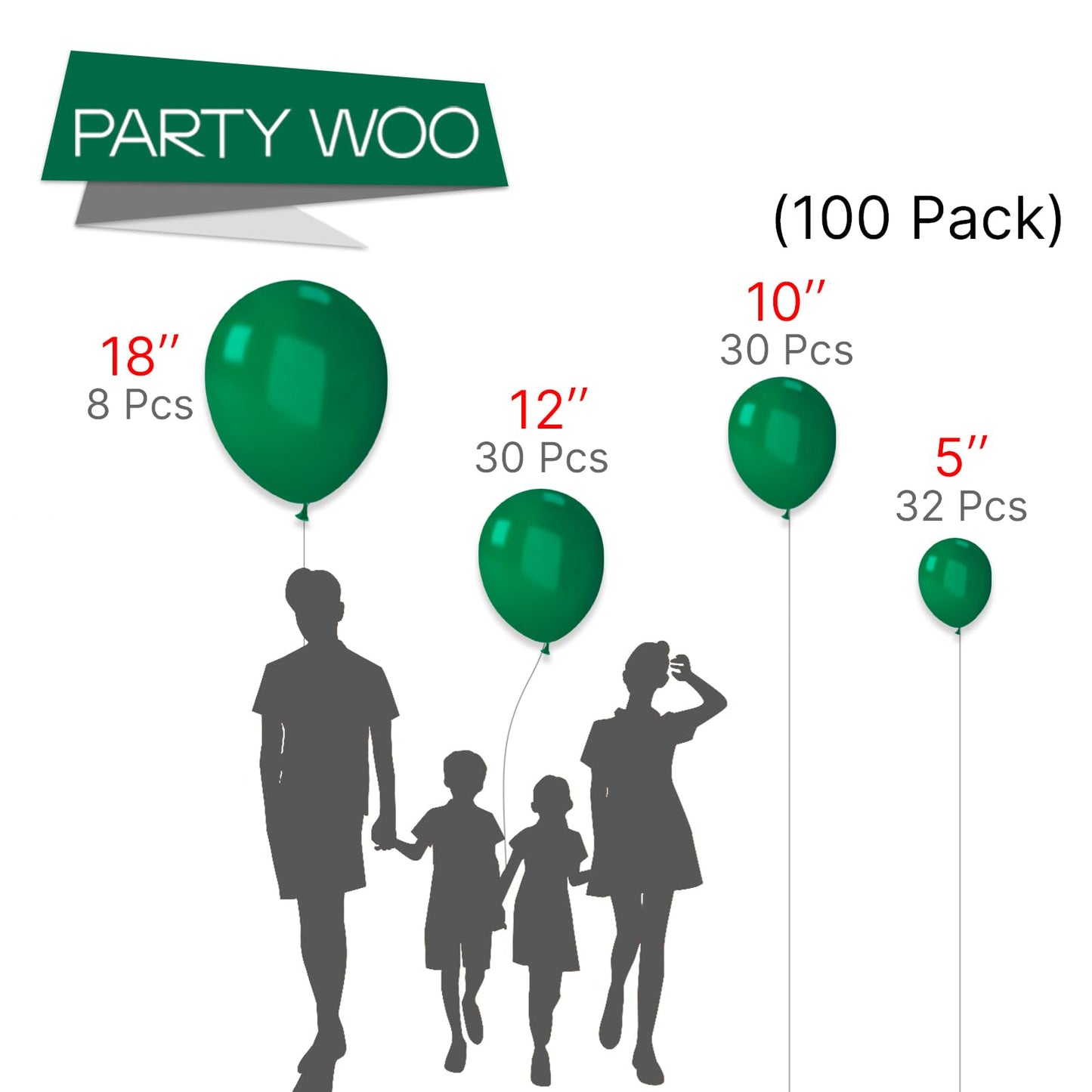 PartyWoo Balloons - Hunter Green Rubber Balloons, 100 pcs in 18, 12, 10, 5 Inch Sizes, Perfect for Christmas & Jungle Party Decorations