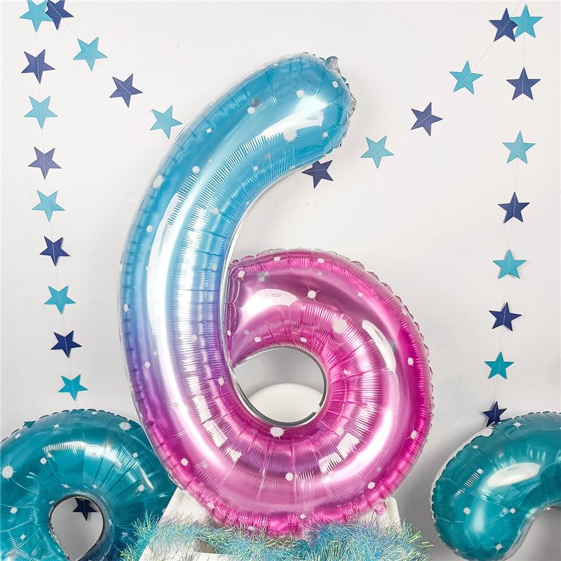 40 Inch Balloon Number 6 Blue Pink, Large Foil Mermaid 6 Balloons Number For Women, Starry Rainbow Globos De Numero 6 Helium Bal