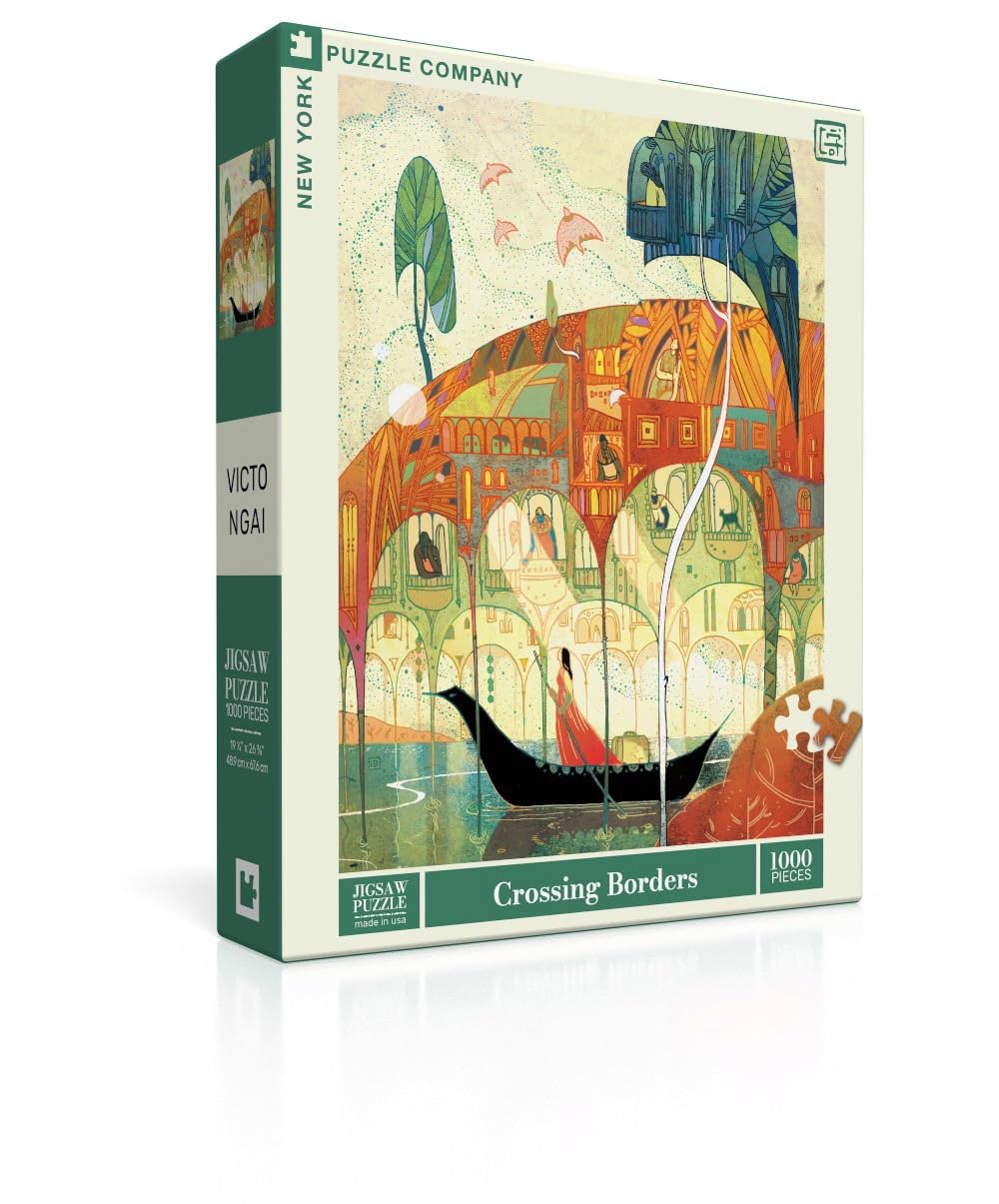 New York Puzzle Company 1000 Piece Jigsaw Puzzle - Victo Ngai Crossing Borders - Cardboard - Blue and Green - Family Game Night Fun